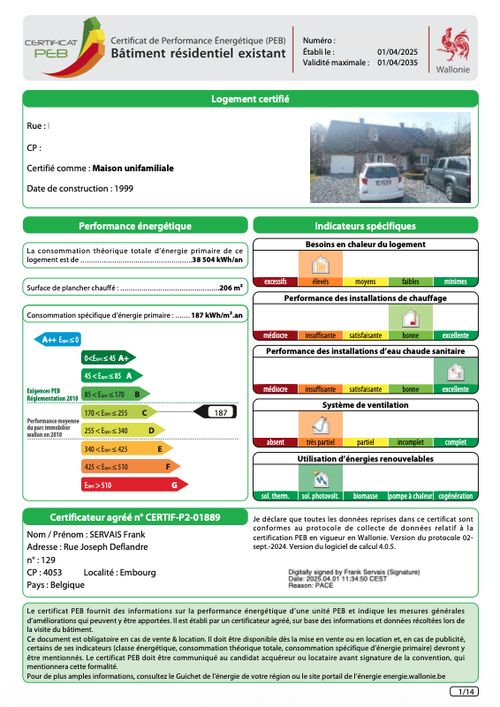 Exemple de certificat PEB